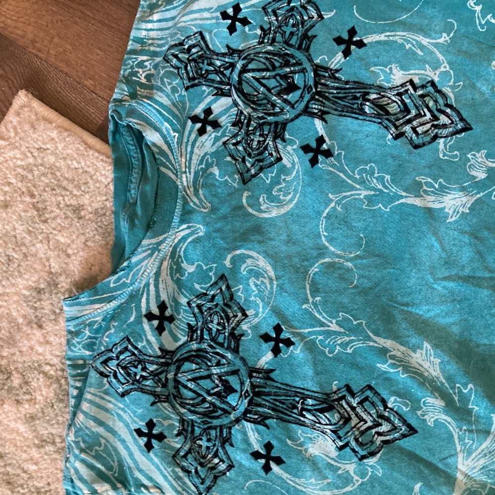 Affliction Blue & Black Velvet Distressed Tee - Picture 3 of 3